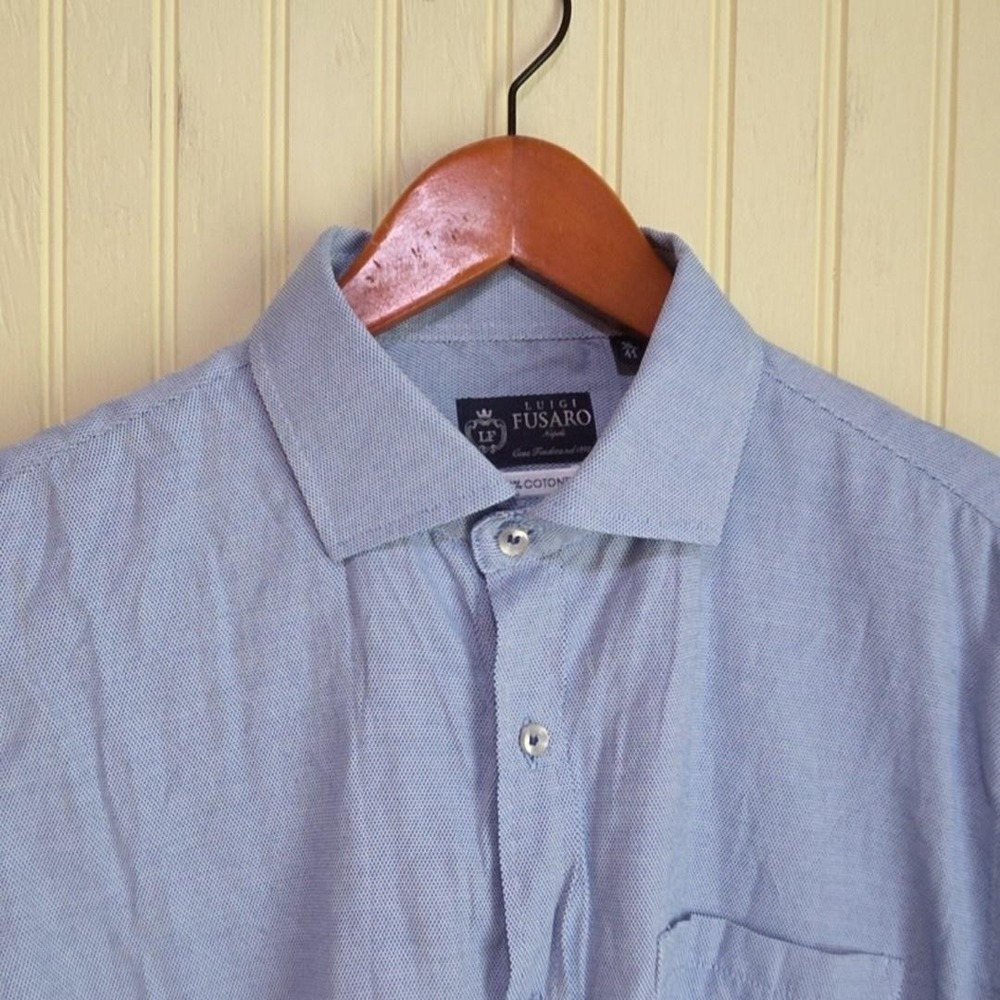 Luigi Fusaro Shirt Mens Medium Blue Solid Short Sleeve Button Up Cotton Casual